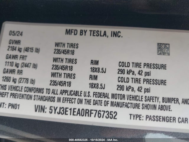 2024 TESLA MODEL 3 5YJ3E1EA0RF767352 Photo 8