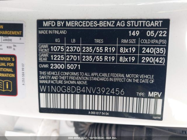 W1N0G8DB4NV392456 Mercedes-Benz Glc 300 Suv