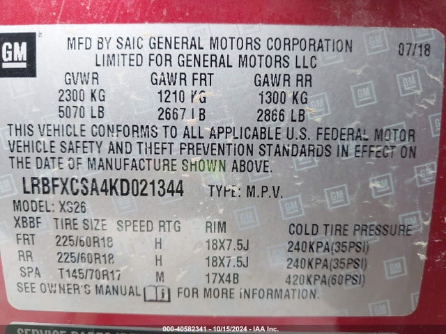 LRBFXCSA4KD021344 Buick Envision Fwd Essence