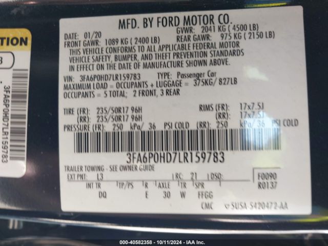 3FA6P0HD7LR159783 Ford FUSION SE