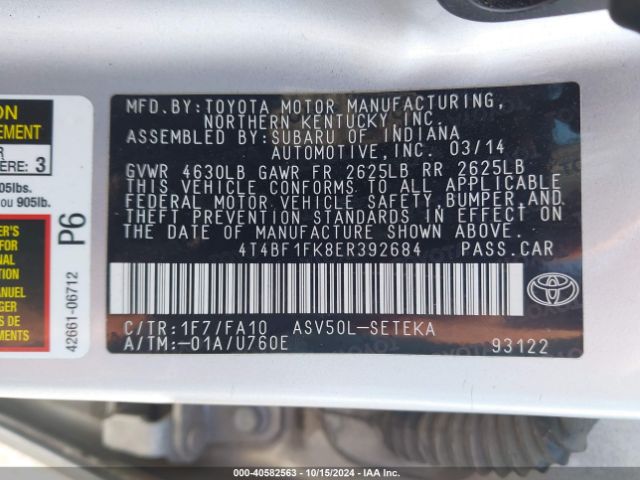 4T4BF1FK8ER392684 Toyota CAMRY L