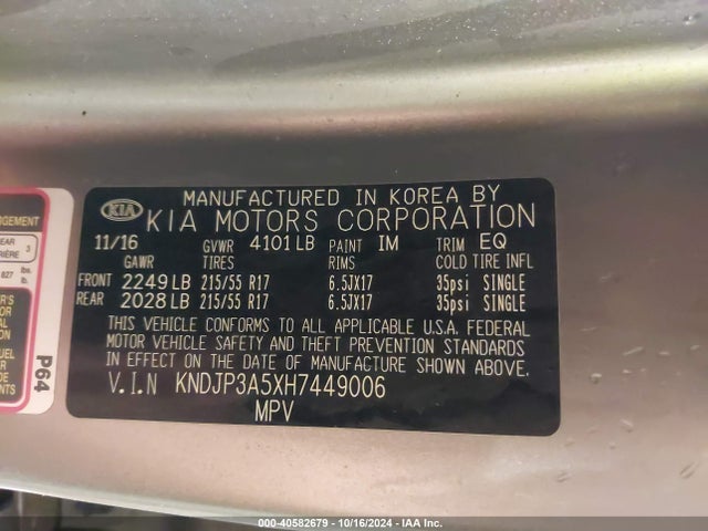 KIA SOUL + 2017 KNDJP3A5XH7449006 Image 9