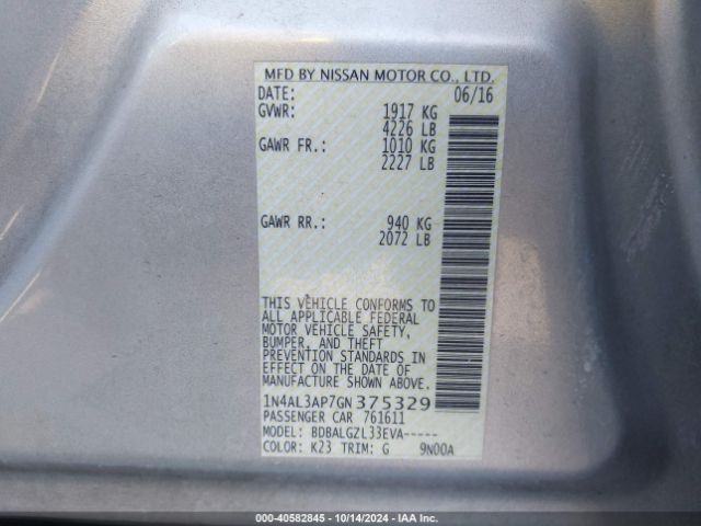 1N4AL3AP7GN375329 Nissan Altima 2.5/2.5 S/2.5 Sl/2.5 Sr/2.5 Sv