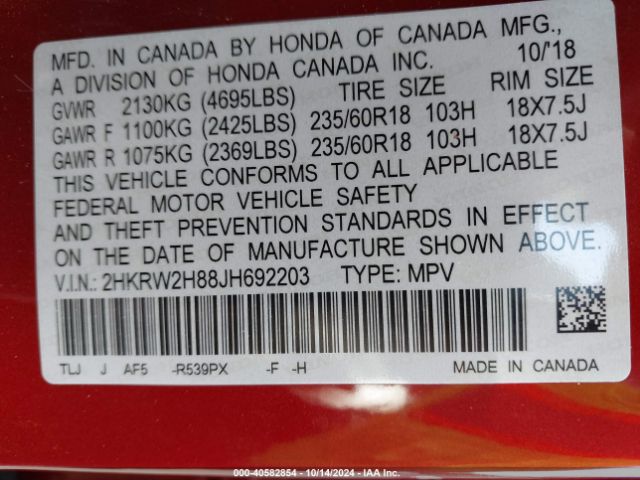 2HKRW2H88JH692203 Honda Cr-v Ex-l/ex-l Navi