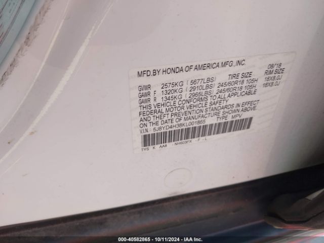 5J8YD4H38KL001865 Acura Mdx Standard