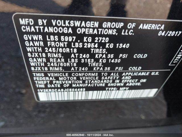1V2KR2CA9JC504463 Volkswagen Atlas 3.6l V6 Se