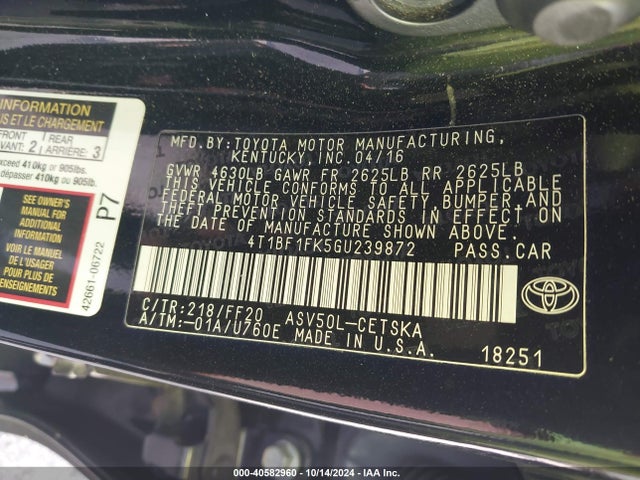 Toyota CAMRY SE 2016 4T1BF1FK5GU239872 Image 9