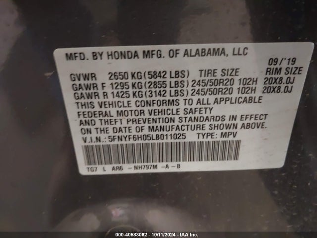Honda Pilot Awd Elite 2020 5FNYF6H05LB011025 Image 9