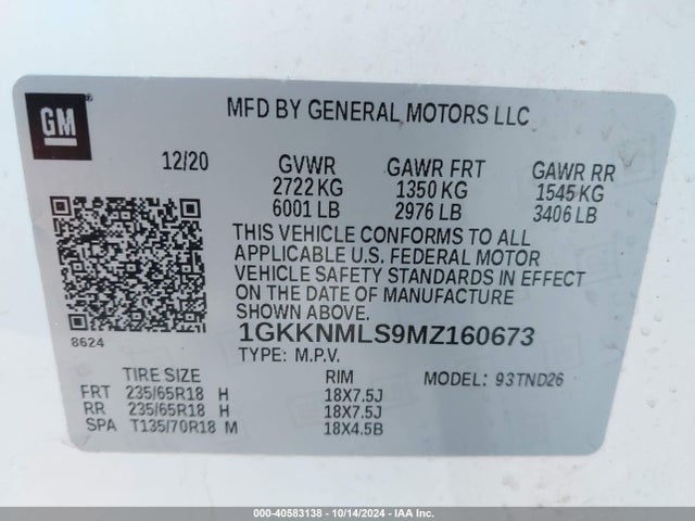 1GKKNMLS9MZ160673 GMC Acadia Fwd Slt