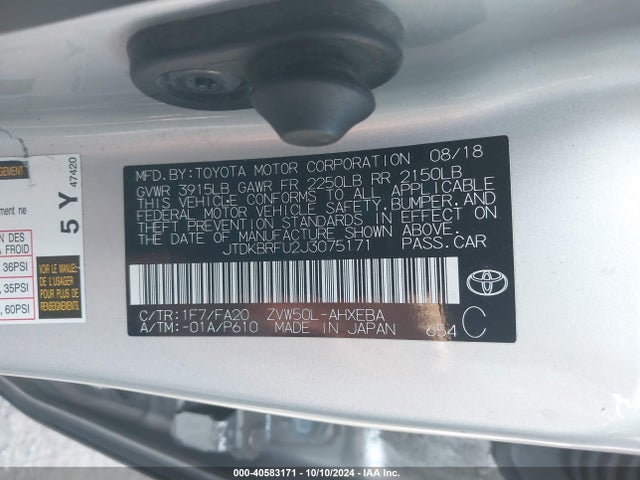Toyota Prius Two 2018 JTDKBRFU2J3075171 Image 9