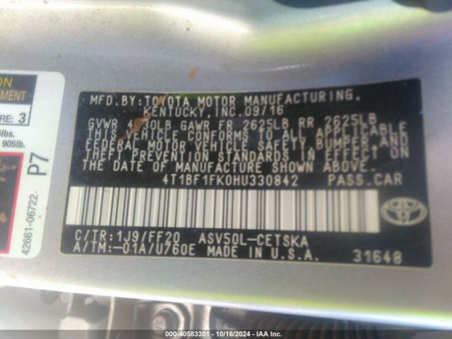 4T1BF1FK0HU330842 Toyota CAMRY SE