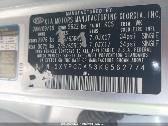 5XYPGDA53KG562774 KIA Sorento 3.3l Lx