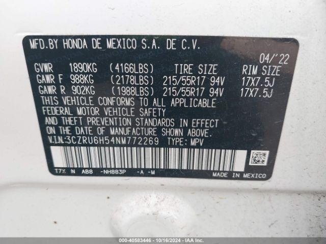 3CZRU6H54NM772269 Honda Hr-v Awd Ex