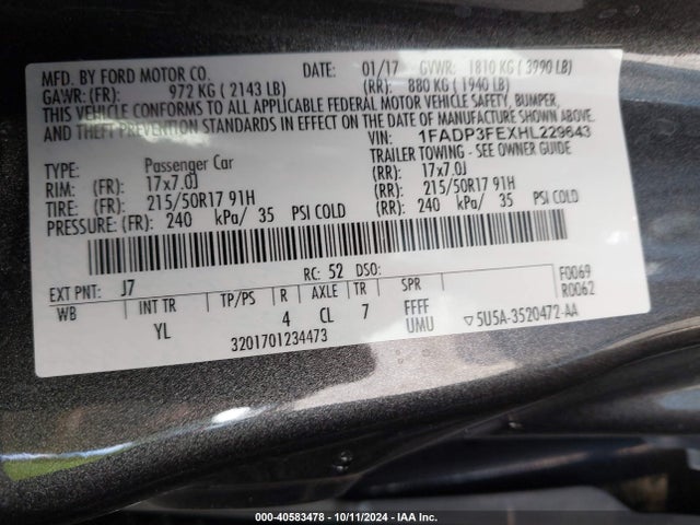 Ford FOCUS SE 2017 1FADP3FEXHL229643 Image 9