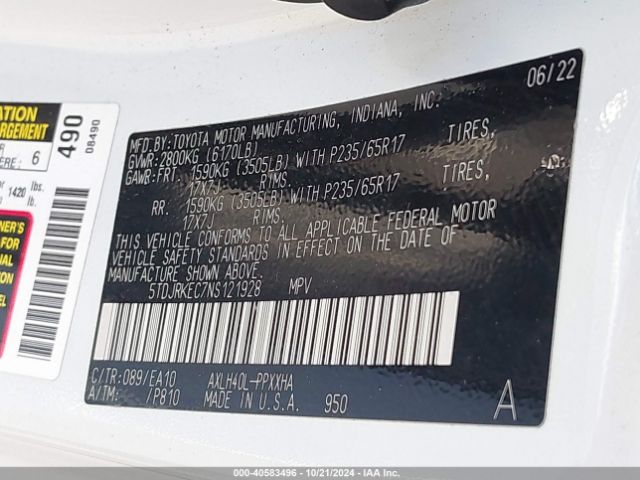 5TDJRKEC7NS121928 Toyota SIENNA XLE