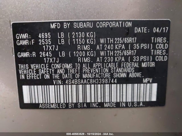 Subaru Outback 2.5i 2017 4S4BSAAC8H3398744 Image 9