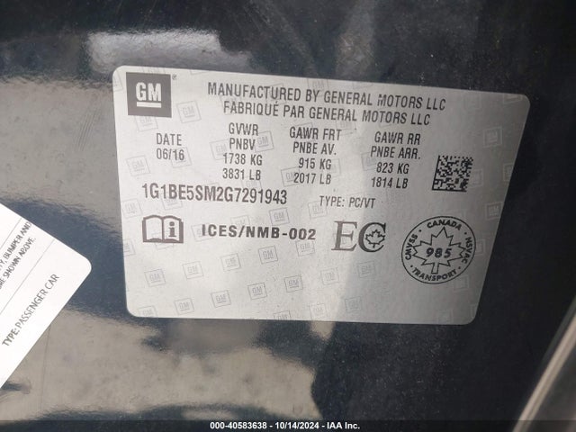 Chevrolet Cruze Lt Auto 2016 1G1BE5SM2G7291943 Image 9