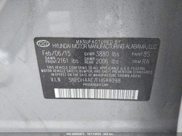 Hyundai Elantra Limited 2015 5NPDH4AE7FH644098 Image 9