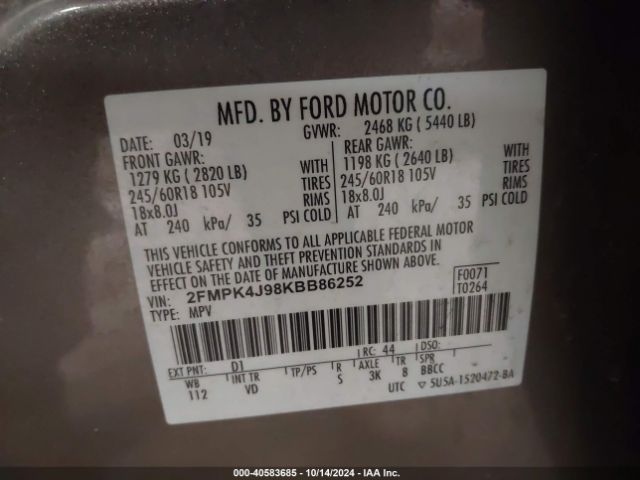2FMPK4J98KBB86252 Ford EDGE SEL