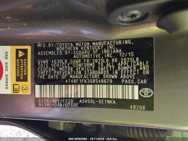 Toyota CAMRY LE 2016 4T4BF1FK3GR548679 Image 9
