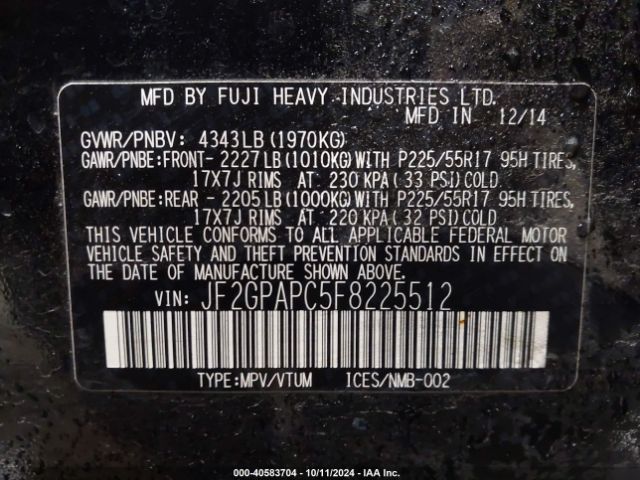 JF2GPAPC5F8225512 Subaru Xv Crosstrek 2.0i Limited