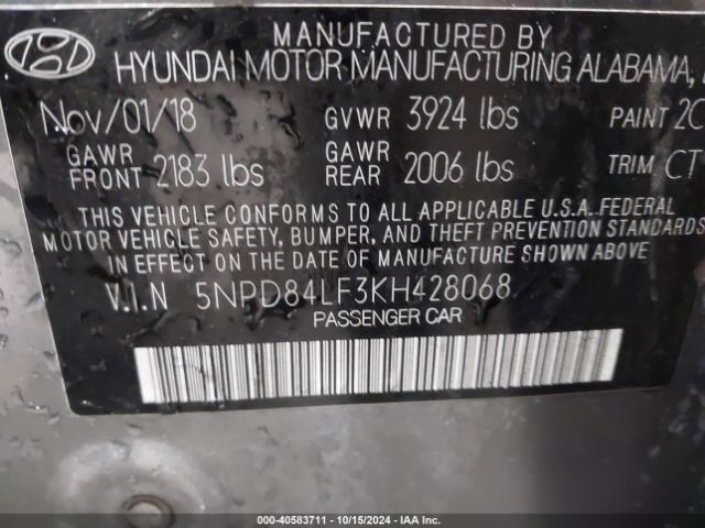 5NPD84LF3KH428068 Hyundai ELANTRA SEL