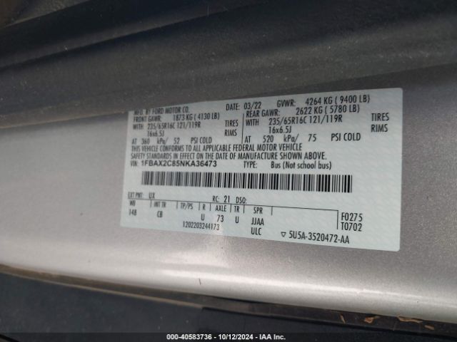 1FBAX2C85NKA36473 Ford Transit-350 Passenger Van Xl