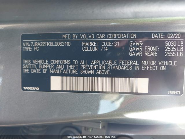 7JRA22TK6LG063110 Volvo S60 T6 Momentum