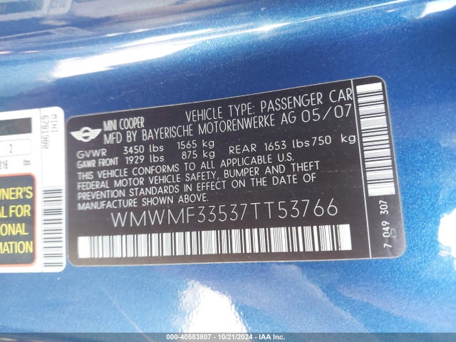 2007 MINI COOPER WMWMF33537TT53766 Photo 8