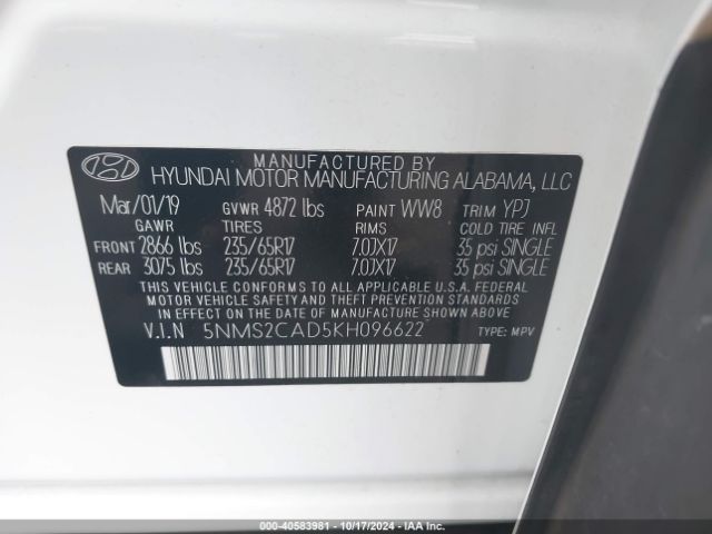 5NMS2CAD5KH096622 Hyundai Santa Fe Se