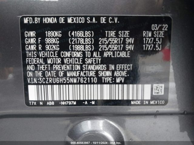 3CZRU6H55NM762110 Honda Hr-v Awd Ex