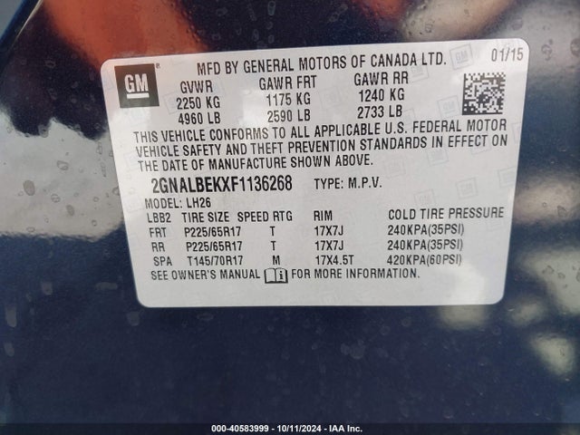 Chevrolet EQUINOX 1LT 2015 2GNALBEKXF1136268 Image 9