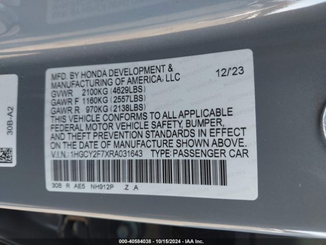 1HGCY2F7XRA031643 Honda Accord Hybrid Sport-l