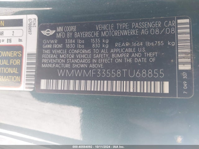 2008 MINI COOPER WMWMF33558TU68855 Photo 8