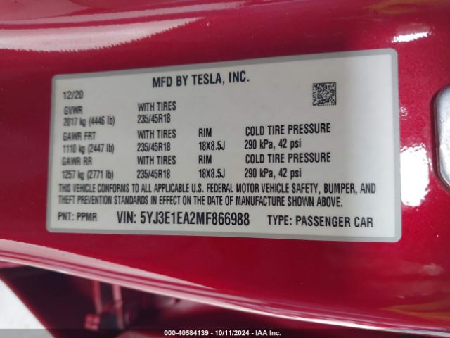 5YJ3E1EA2MF866988 Tesla Model 3 Standard Range Plus Rear-wheel Drive
