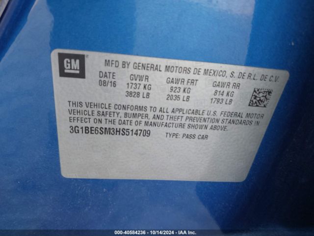 3G1BE6SM3HS514709 Chevrolet Cruze Lt Auto