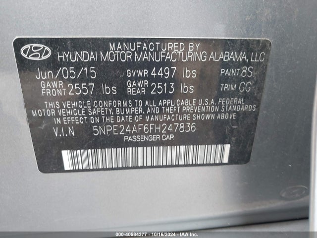 Hyundai SONATA SE 2015 5NPE24AF6FH247836 Image 9
