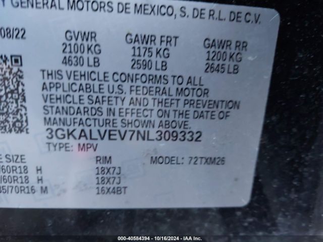 3GKALVEV7NL309332 GMC Terrain Awd Slt
