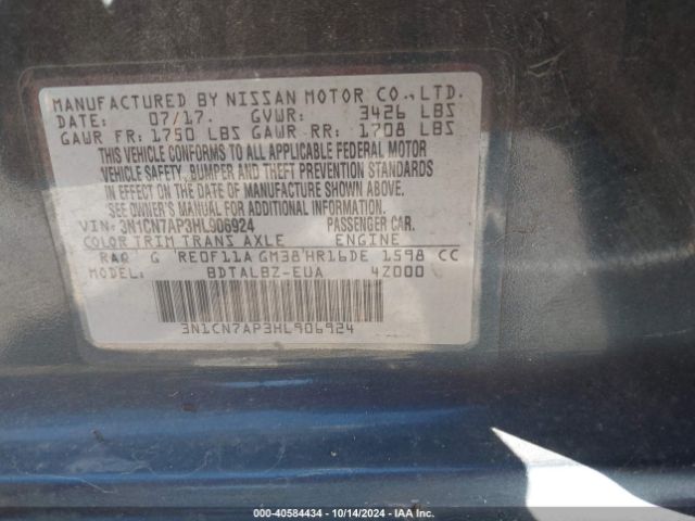 3N1CN7AP3HL906924 Nissan Versa 1.6 Sv