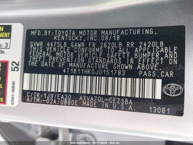 4T1B11HK0JU151783 Toyota CAMRY SE