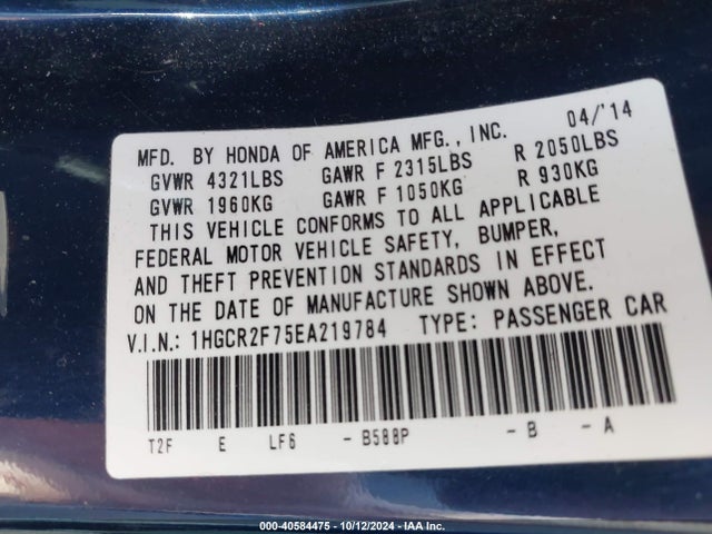 Honda ACCORD EX 2014 1HGCR2F75EA219784 Image 9