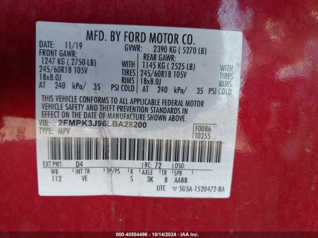 Ford EDGE SEL 2020 2FMPK3J96LBA28200 Image 9
