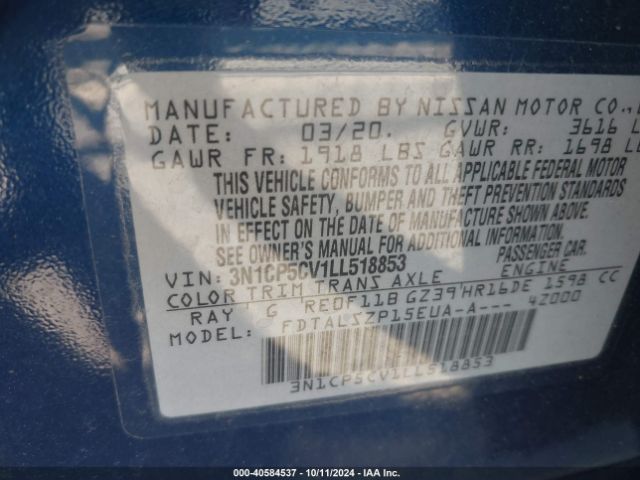 3N1CP5CV1LL518853 Nissan Kicks Sv Xtronic Cvt