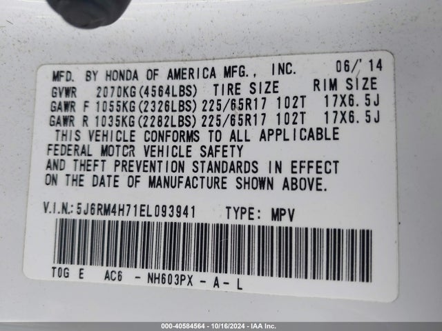 Honda Cr-v Ex-l 2014 5J6RM4H71EL093941 Image 9