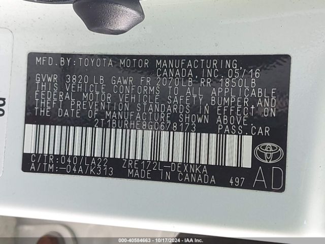 2T1BURHE8GC678173 Toyota Corolla Le Premium