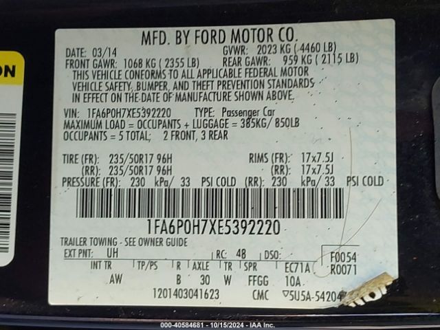 1FA6P0H7XE5392220 Ford FUSION SE