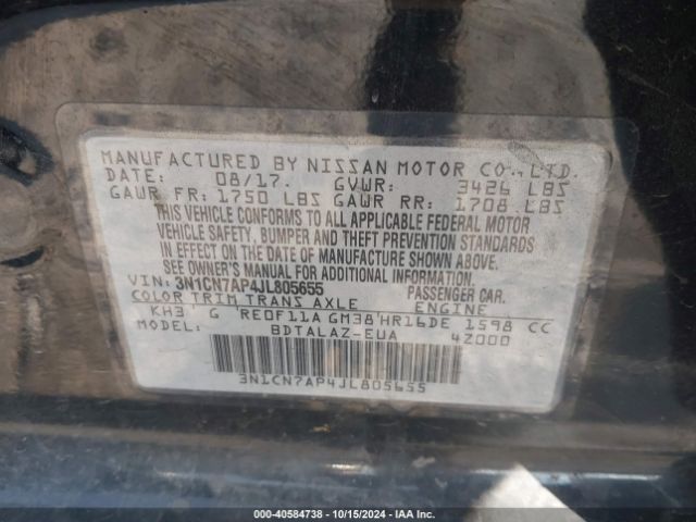 3N1CN7AP4JL805655 Nissan Versa 1.6 S+