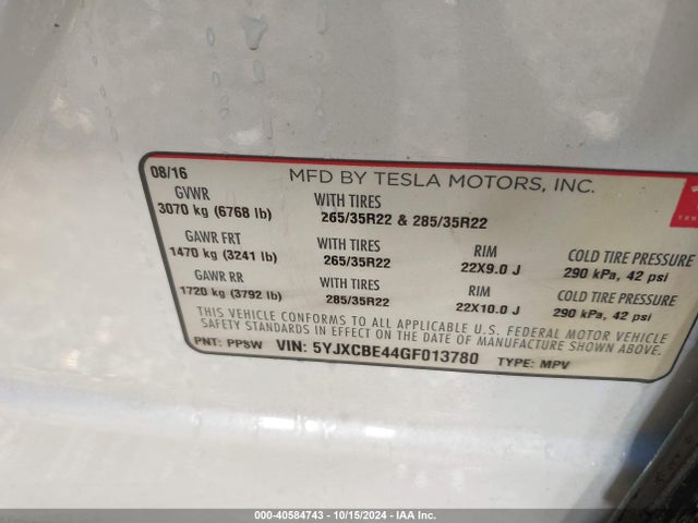 2016 TESLA MODEL X 5YJXCBE44GF013780 Photo 8