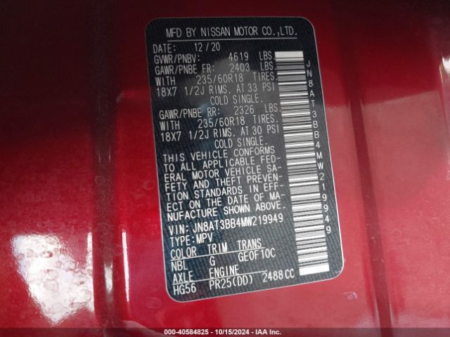 JN8AT3BB4MW219949 Nissan Rogue Sv Intelligent Awd