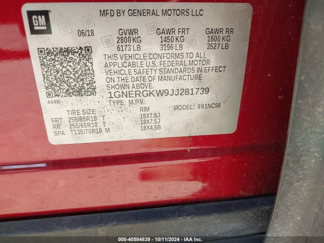 1GNERGKW9JJ281739 Chevrolet Traverse 1lt